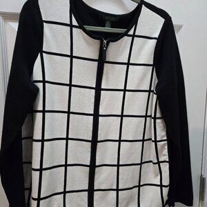 Lauren by Ralph Lauren Black and White Windowpane Zip Sweater Size 1X